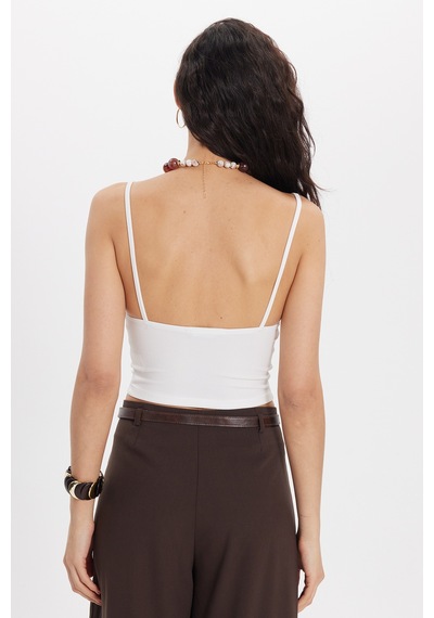 Tudors Kadın Slim Fit Dar Kesim V Yaka Askılı Ekru Bluz-50681