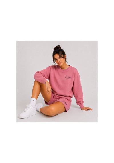 Herkesemoda Hüppy Baskılı Kadın Oversize Şortlu Sweatshirt Eşofman Takımı Gül Kurusu