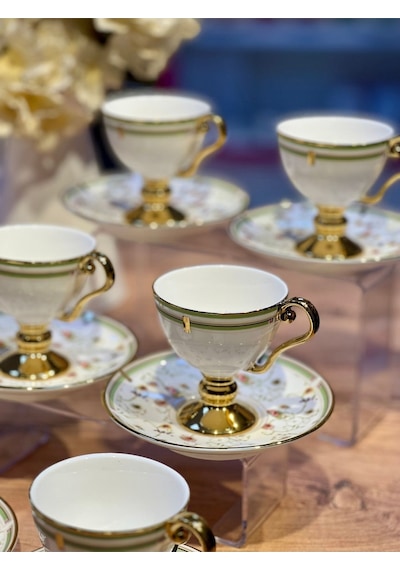 6lı Arlen Çiçek Tabaklı Yeşil Gold Ayaklı Türk Kahve Fincan Takımı