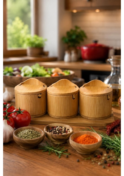 3'lü Kaşıklı Bambu Baharatlık Seti Kapaklı Saklama Kabı Kahve Şeker Tuz Kuruyemiş Organizer Şekerlik