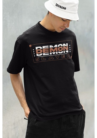 Demon Slayer Baskılı Unisex Oversize Anime Tişört Siyah