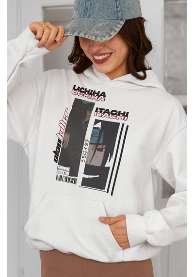 Sevbano Uchiha Itachi Baskılı Unisex Oversize Naruto Anime Karakter Hoodi beyaz