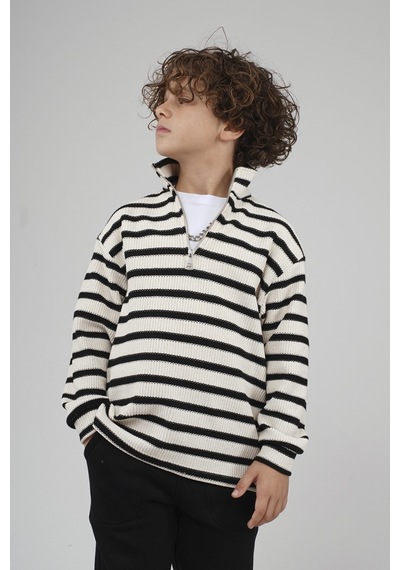 King-Brich Kingbrich Kids Oversize Kalıp Çizgili Yakası Fermuarlı Sweatshirt SIYAH