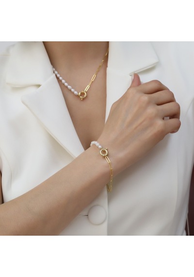 925 Ayar Gümüş Beyaz İncili Asimetrik Gold Bileklik-5mm