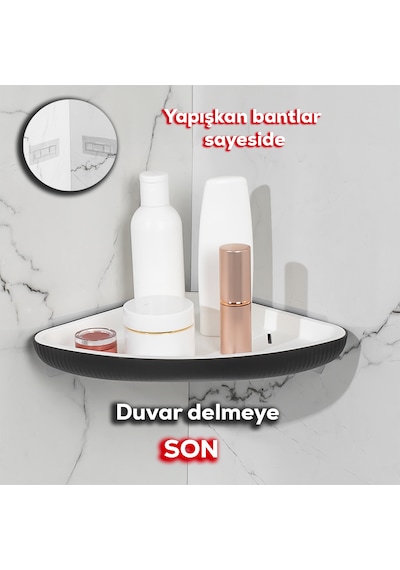 Porsima 0447 İstiridye Yapışkanlı Banyo Köşe Rafı Organizer Siyah