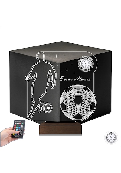 Luvivia Futbolcu Hediye Ronaldo Taraftar Futbol Topu Kişiye Özel Metal Saatli 3d Lamba - Masa Gece Lambası Şeffaf