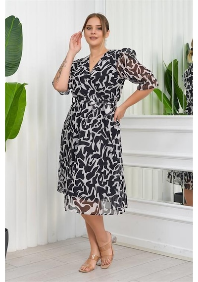 Dip Moda Kadın Büyük Beden Desenli Şifon Elbise Dpnb8063 - Siyah Siyah