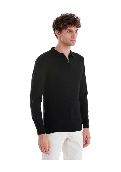 Hatemoğlu Siyah Regular Fit Jakarlı Polo Yaka Yünlü Triko Kazak 34202023a003 002 Siyah