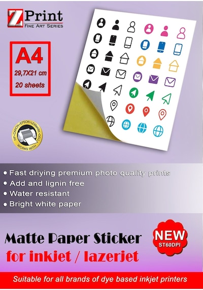 Inkjet Ve Lazer Tüm Yazıcılarla Uyumlu Mat Yapışkanlı Sticker Etiket Kağıt A4 20 Yaprak