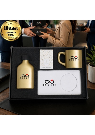 Logonuza Özel 10 Adet Kutulu Ahşap Altlıklı Gold Fincan & Kolonya & & Aromalı Kahve Seti Ahşap Kutulu Kurumsal Hediye Seti