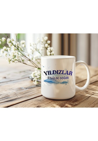 Yıldızlar Eylülde Doğar Yazılı Doğum Günü Kupa Bardak Mavi Işıltılı Gökyüzü Tasarım Hediye Beyaz