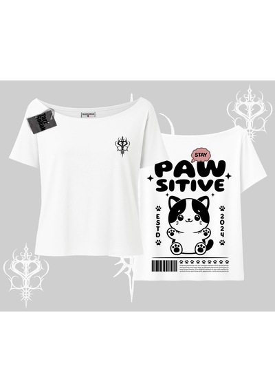Tarzsokak Paw Sitive Kedi Arka Baskılı Kayık Yaka Tshirt Beyaz