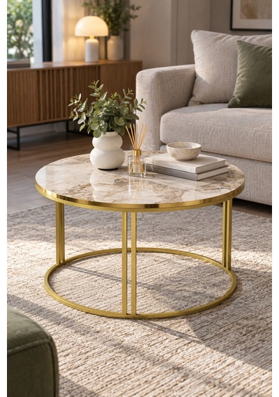 Sulorahome Efes Beyaz Mermer Desenli Yuvarlak Orta Sehpa 70 Cm Altın - Mermer