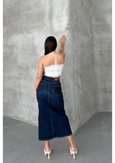 HLT Jeans Koyu Mavi Kadın Regular Fit Yüksek Bel Uzun Maxi Boy Denim Kot Etek Merry-4095 Koyu Mavi