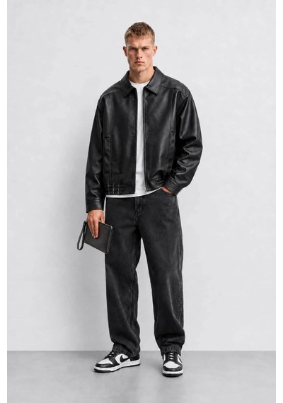 Ohepmoda Oversize Rahat Kalıp Lastikli Erkek Deri Ceket Siyah