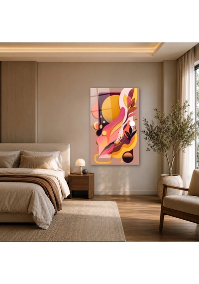 Pastel Güneş Ve Akışkan Yapraklar Çerçevesiz Cam Tablo