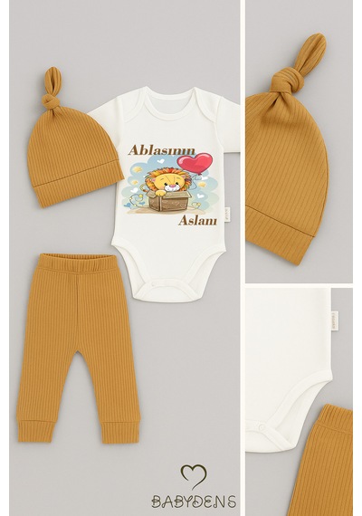 Babyden's Ablasının Aslanı Yazılı 3 Lü Bebek Takımı %100 Pamuklu Çıtçıtlı Kısa Kol Body, Şapka Ve Fitilli Pantolon Set Kahverengi