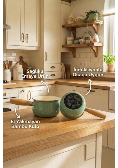 Bambum Nostalji - Ahşap Saplı Emaye Tava Açık Yeşil 14 Cm Açık Yeşil