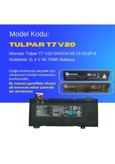 Monster Tulpar T7 V20 Gk5cn-00-13-3s1p-0 Notebook 11.4 V 46.74wh Batarya  Uyumlu, Yüksek Performanslı 90743886