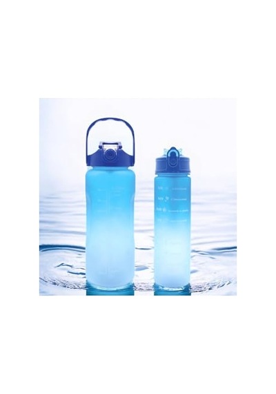 2'li Motivasyonel Matara Seti, 2000-900 Ml, Mavi, Tritan Malzeme, Sporcu Su Matarası Çok Renkli