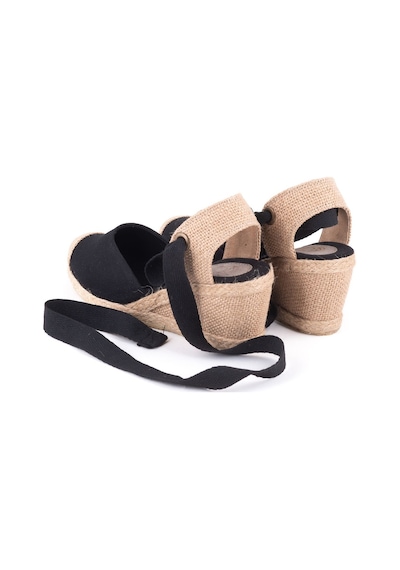 Star Tombis Gerçek Elişi Arkası Açık Geniş Ipli Burnu Hasırlı Dolgu Topuk Keten Kadın Espadril Handmade Siyah