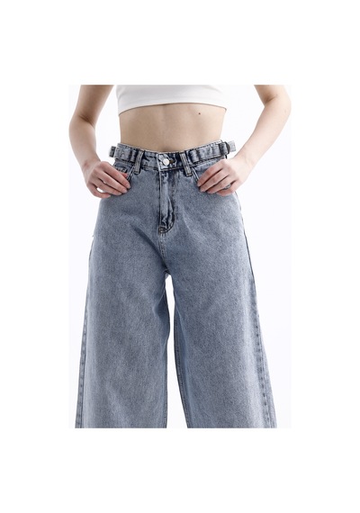 Pass&pass 2430 Kadın Yandan Tokalı Baggy Jeans Kot Denim Pantolon Kar Yıkama