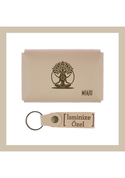Miaju Pudra Renk, Bolluk, Bereket Ağacı İsme Özel Cüzdan Ve Anahtarlık Set, Ona Çok Özel, Unutulmaz Hatıra Pudra