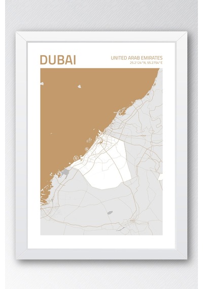 Dubai Bae Uae Şehir Haritası Çerçeveli Tablo Lüks Salon Ofis Duvar Dekorasyonu Hediyelik Tablo Beyaz