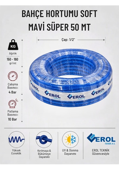 Bahçe Hortumu Soft Mavi Süper 50 Mt