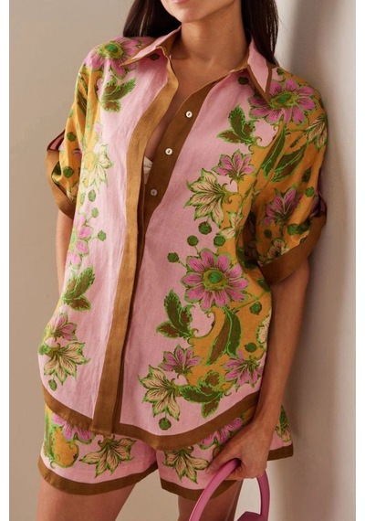 Asprinfashion Kadın İthal Desenli Şort Takım Pembe Gömlek Yaka Bağcıklı Yazlık İkili Takım Asprinfashion Kadın İthal Desenli Şort Takım Pembe Gömlek Yaka Bağcıklı Yazlık İkili Takım
