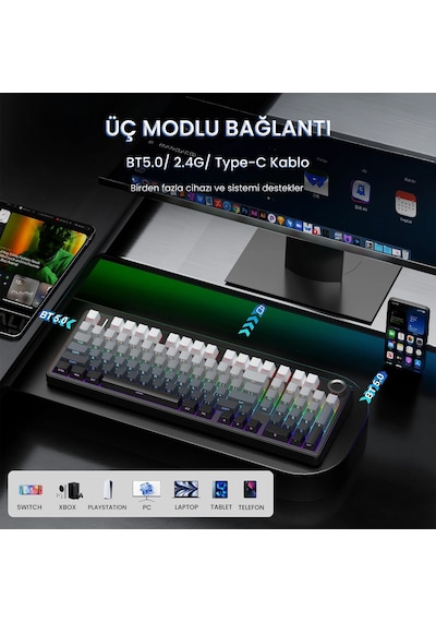 Aula F99 Pro 3 Modlu Rgb Hot Swap Mekanik Nimbus V3 Switch Kablosuz Makrolu Klavye Gradyan Gri