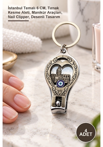 4 Adet Tırnak Makası İstanbul Temalı 6 Cm, Tırnak Kesme Aleti, Manikür Araçları, Nail Clipper, Desenli Tasarım