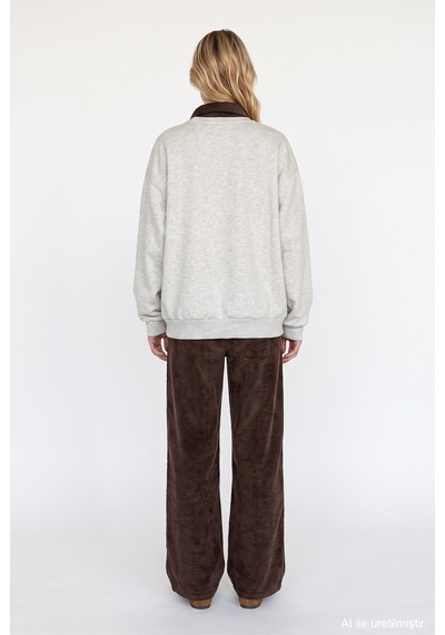 Quzu Polo Yaka Amore Nakışlı Oversize Sweatshirt Bejmelanj Bej - Kahverengi