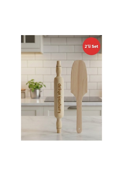 Orta Boy Merdane Ve Hamur Cevirme Spatula 2 Li Ahşap Hazırlık Seti Merdane & Spatula