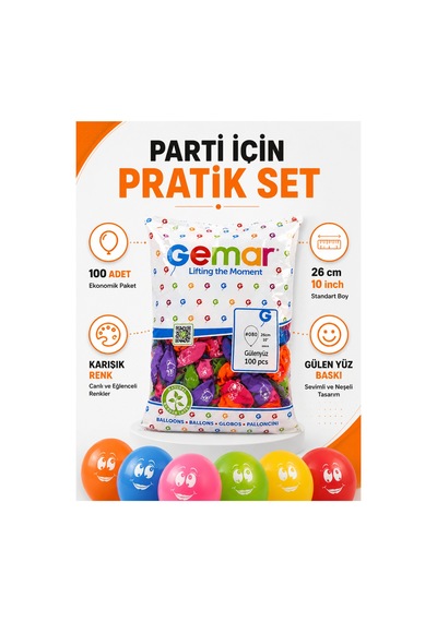 Gülen Yüz Baskılı Karışık Renk Balon 100 Adet 26 Cm 10 İnç Doğum Günü Parti Balonu Çok Renkli