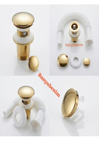 Pop Up Sifon Taşma Delikli Porselen Kafa Gold Renk Sifon Ve Gold Renk Lavabo Yüzüğü Lavabo Sifonu