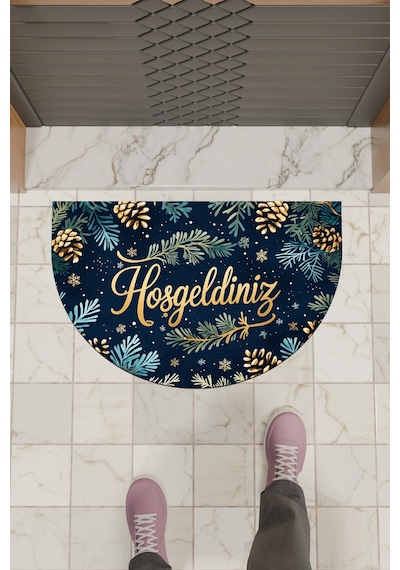 Rugmood Modern Dijital Paspas Kozalaklı Çiçek Hoşgeldiniz Kapı Önü Paspası Çok Renkli