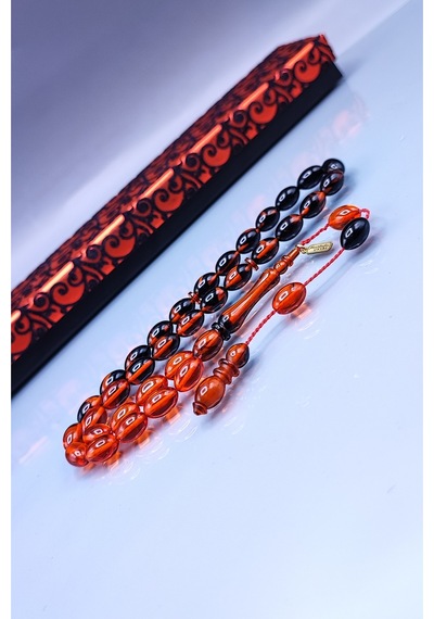 7 x 11 MM Beyzi Mustafa Uysal İmzalı Turuncu Siyah Ateşi Kehribar Tesbih