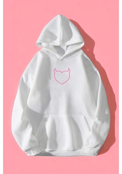 Uyguntarz Kalp Baskılı Unisex Oversize Sweatshirt beyaz
