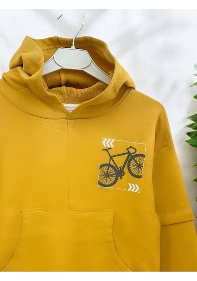 Zekids Erkek Çocuk Mevsimlik Pamuklu Kapüşonlu Kanguru Cepli Sweatshirt-14421 Hardal