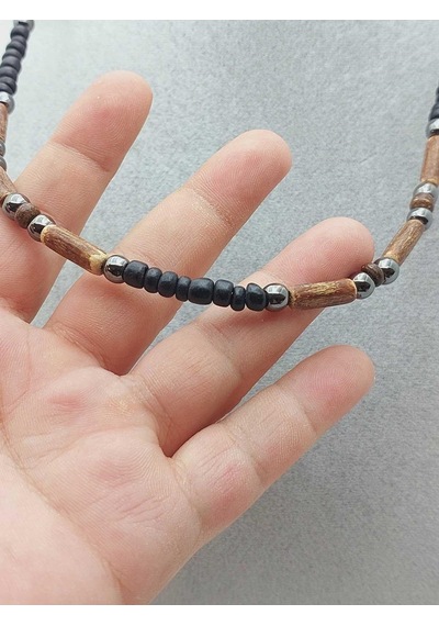 Yasamtohumu Ahşap & Hematit Tasarım Unisex Otantik Kolye 56096 Çok REnkli Çok Renkli