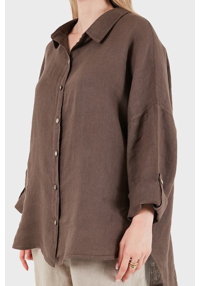 Via Dante % 100 Keten Oversize Yarı Transparan Gömlek Bayan Gömlek 7697 Kahve
