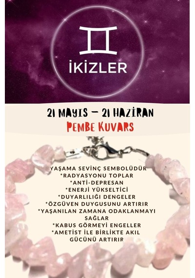 Gümüştel El Sanatları Sertifikalı Burç Taşı Ikizler Burcu Pembe Kuvars Taşı Bileklik Pembe