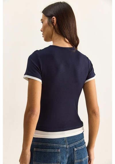 Shade Kadın Çift Kat Görünümlü Degaje Yaka Kısa Kol T-shirt 6140 60286132 - Lacivert