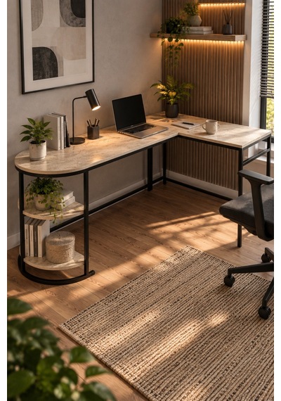 Sulorahome Tipi Köşe Çalışma Masası 2 Raflı Metal İskeletli Kahverengi Mermer Sulorahome Tipi Köşe Çalışma Masası 2 Raflı Metal İskeletli Kahverengi Mermer