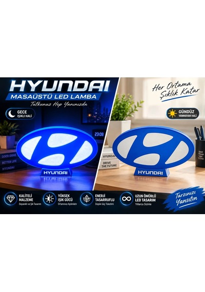 Hyundai Masa Lambası , Hyundai Logolu Led Işıklı Masa Lambası , Hyundai Gündüz Gece Masa Lambası Siyah