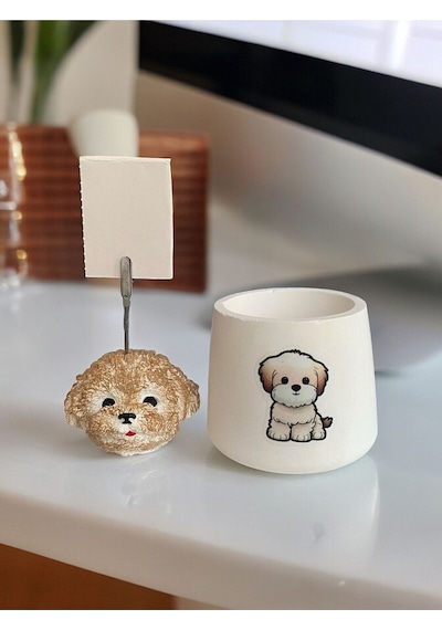 Sevimli Poodle Köpek Temalı Kalemlik Saksı Ve Not Tutucu Seti Renkli