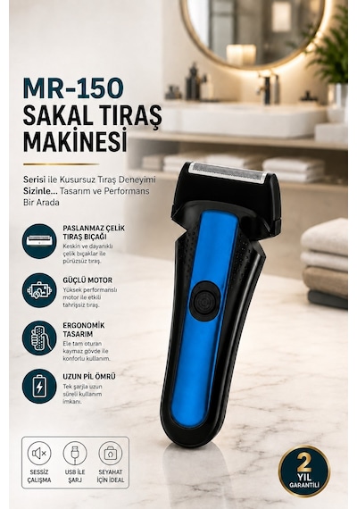 Jasper Mr-150 Mavi Şarjlı Yedek Başlıklı Sakal Tıraş Makinesi Erkek Kişisel Bakım Sinekkaydı Tıraş