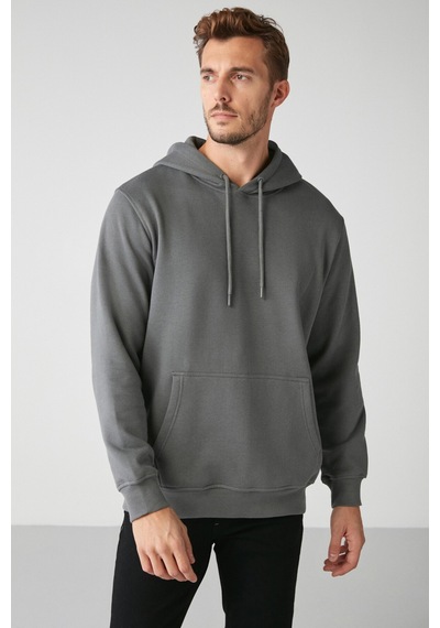 Grimelange Jorge Erkek Yumuşacık Kapüşonlu Organik Pamuk Kanguru Cepli Regular Koyu Gri Sweatshirt