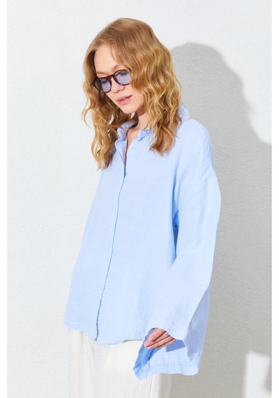 Manche Kolları Salaş Yıkamalı Müslin Oversize Rahat Kalıp Kadın Basic Gömlek - Bebe Mavi Mks166881-01 Manche Kolları Salaş Yıkamalı Müslin Oversize Rahat Kalıp Kadın Basic Gömlek - Bebe Mavi Mks166881-01